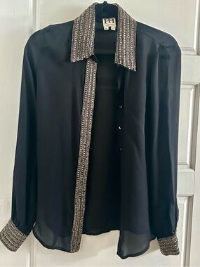 Haute Hippie Black 100% Silk Beaded Button Blouse XS